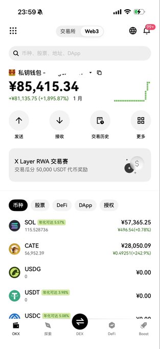 A screenshot of a crypto wallet app showing a portfolio worth ¥85,415.34 with a +1,895.87% 1-month gain, highlighting $CATE (Catenae) among holdings at ¥28,050.09 with a +242.9% increase—aligning with the post about discovering $CATE early and missing its 20X gains.