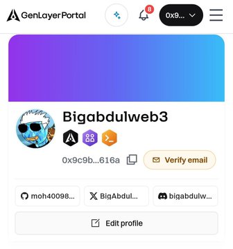 The image shows a GenLayer Portal profile page for user "Bigabdulweb3" with wallet address 0x9c9b...616a and a "Verify email" button. It relates to the instructions by illustrating what the user profile looks like where one needs to connect Discord and complete tasks before the GenLayer snapshot.