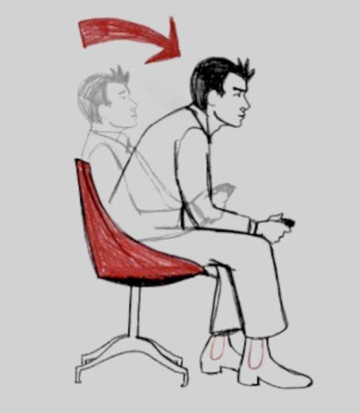 An instructional illustration shows a person sitting on a red chair playing a video game, with a ghosted figure behind them and a red arrow indicating poor forward-leaning posture.