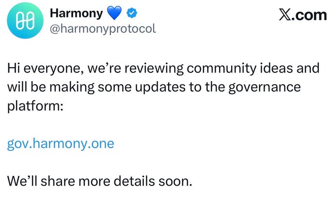 A tweet from Harmony Protocol (@harmonyprotocol) announces they are reviewing community ideas and will update their governance platform, linking to gov.harmony.one.