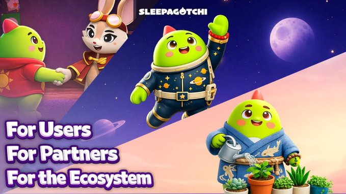The image features promotional artwork for "Sleepagotchi," displaying three green character mascots in themed outfits (an astronaut, a martial arts figure, and others) against a cosmic background with a moon and planets. The text "SLEEPAGOTCHI" appears at the top, while the phrases "For Users, For Partners, For the Ecosystem" are listed at the bottom, suggesting the image is being used to frame the concept of reputation in Web3 communities through Sleepagotchi's community-driven ecosystem model.