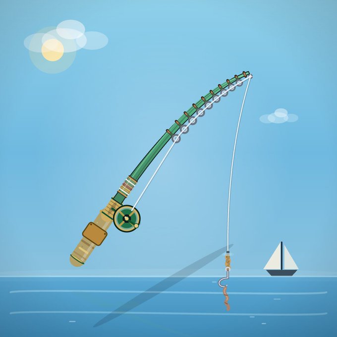 An illustration depicts a fishing rod angled over a calm blue sea, with a line, sinker, and worm bait submerged in the water and a small sailboat visible in the distance under a sunny sky.