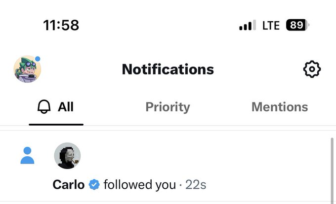 A smartphone notifications screen showing the time 11:58 with LTE signal and 89% battery, displaying a notification that 'Carlo ✓ followed you · 22s' under the 'All' tab.