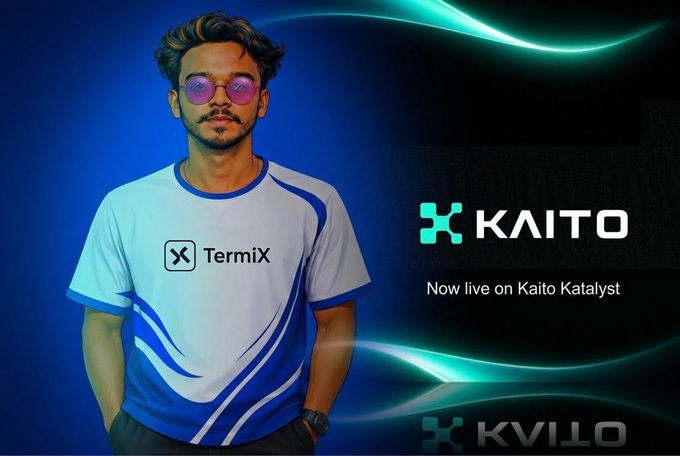 A promotional graphic for "KAITO" featuring a stylized illustration of a man with purple glasses and a blue TermiX t-shirt, with text stating "Now live on Kaito Katalyst".