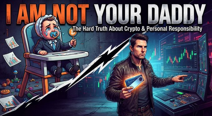 A graphic illustration features the text 'I AM NOT YOUR DADDY: The Hard Truth About Crypto & Personal Responsibility,' depicting a split scene with a baby in a highchair on the left and a man trading on crypto charts on the right.