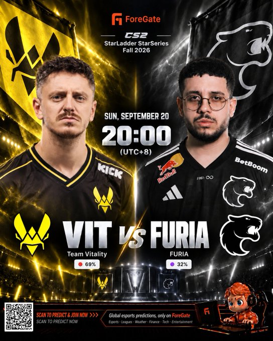 A promotional poster for a CS2 StarLadder StarSeries Fall 2026 esports match between Team Vitality (VIT) and FURIA on Sunday, September 20 at 20:00 (UTC+8), created by ForeGate.