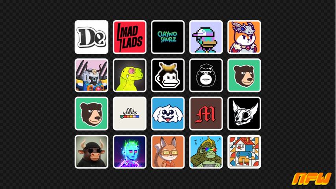 A collection of NFT icons displayed in a grid format on a dark background, featuring various designs including logos, cartoon characters, and pixel art, with 'NPW' branding in the corner.