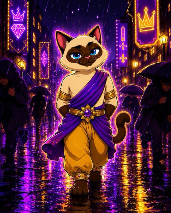 A regal Siamese cat in a purple and gold toga strolls confidently down a rain-soaked, neon-lit street adorned with crown and diamond symbols, exuding an air of royal sophistication and futuristic flair. The image's luxurious, commanding aesthetic mirrors the post's vision of AI and crypto converging to create powerful, transformative new digital empires and business models.