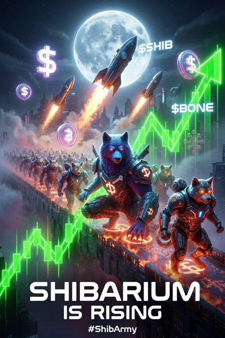The image features a poster with a group of people dressed as robots, including a blue robot wearing a helmet that says "Shibarium" on its back. The poster also includes a line of text that reads "Shibarium is rising", which could be interpreted as an advertisement for the Shibarium cryptocurrency or a reference to the Shibarium movement in general.