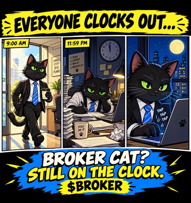 A comic-style meme featuring a black cat in business attire with the text 'EVERYONE CLOCKS OUT...', '9:00 AM', '11:59 PM', 'BROKER CAT? STILL ON THE CLOCK. $BROKER', showing the cat at different times of day working.