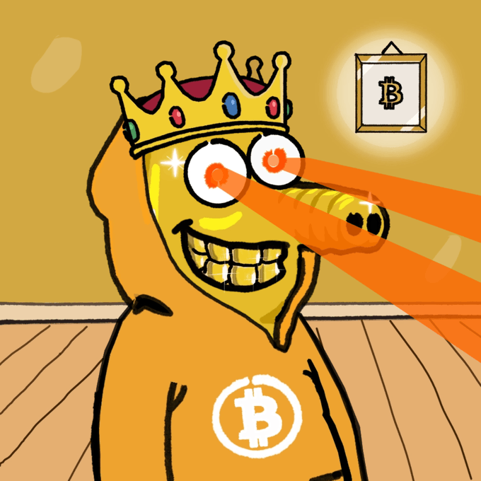 A cartoon illustration of a banana character wearing a crown, featuring laser eyes shooting beams, a Bitcoin symbol on its chest, and a framed Bitcoin logo on the wall behind it.