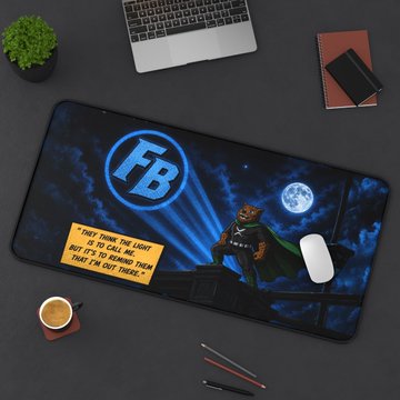 A desk mat featuring a bear character in a batman-style cape standing on a bridge under a moonlit sky with a large 'FB' logo and a yellow note reading 'They think the light was so small and that it's to break them, then I'm out there.'