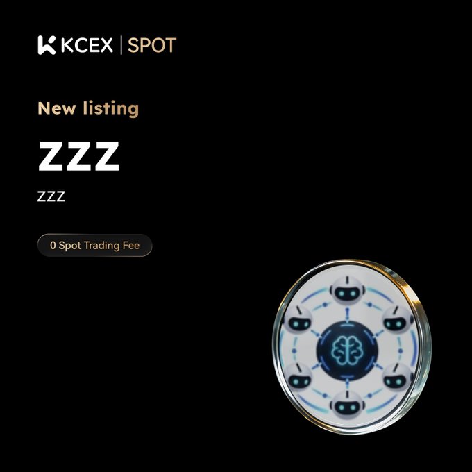 A black promotional graphic from KCEX | SPOT announcing the new listing of token 'ZZZ' with 0 Spot Trading Fee, featuring a circular emblem with a brain and robot motif.
