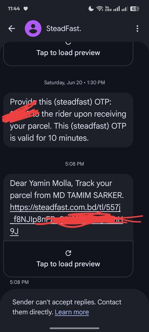 A screenshot of a chat with 'SteadFast.' shows a delivery notification for Yamin Molla with a tracking link for a parcel from MD TAMIM SARKER, along with instructions to provide a one-time password to the rider.