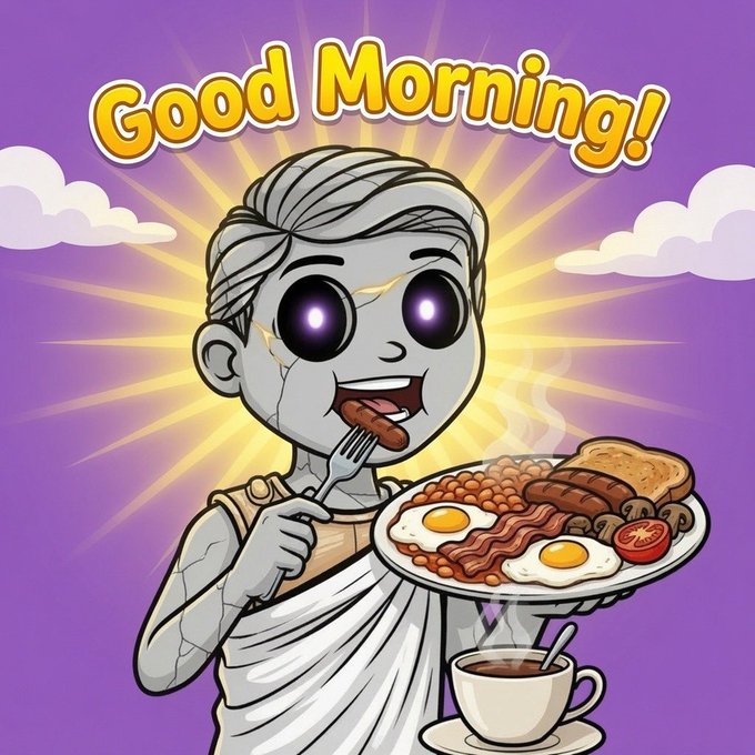 A cartoon zombie-like figure with glowing eyes wearing a toga holds a forkful of food while presenting a full English breakfast (eggs, bacon, beans, sausage, tomato, toast) alongside a steaming cup of coffee, with "Good Morning!" displayed in bold yellow text above against a purple sky—perfectly illustrating the "Gm" greeting and coffee giveaway post.