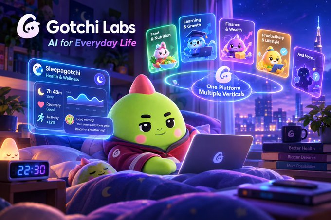 A promotional graphic for 'Gotchi Labs - AI for Everyday Life' featuring a cute green dragon-like character using a laptop in bed, with floating panels showing verticals like 'Sleepagotchi - Health & Wellness', 'Food & Nutrition', 'Learning & Growth', 'Finance & Wealth', 'Productivity & Lifestyle', and 'And More...'.