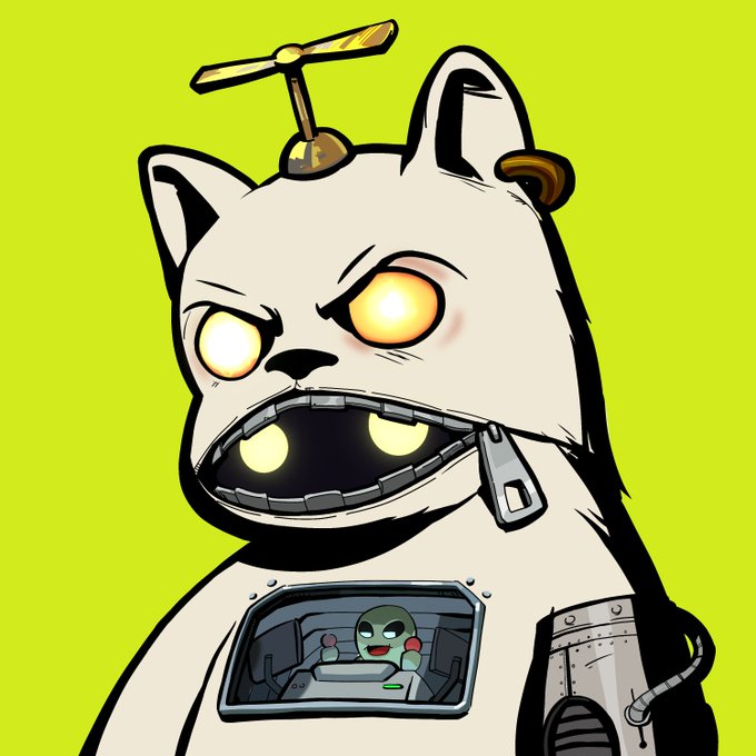 A menacing white cat-like creature with glowing yellow eyes, a propeller on its head, a zippered mouth, and a small alien pilot in its chest compartment appears against a bright yellow-green background, fitting the "Robinhood Bear" NFT giveaway theme.