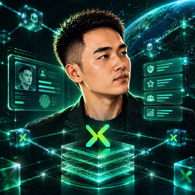 A man with short dark hair is surrounded by a futuristic green tech overlay featuring floating digital ID panels, network nodes, and a glowing 'X' logo on a transparent cube.