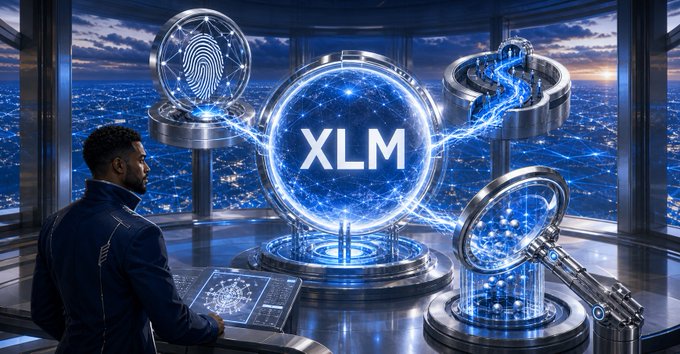 A futuristic control room features a person operating a holographic console, surrounded by floating digital icons—including a fingerprint, a network node, and a magnifying glass—all converging around a central glowing sphere displaying the text "XLM," symbolizing Stellar's hidden infrastructure and the obscured accountability behind sponsored transactions, validator identity, and private payments.