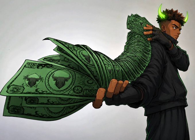An anime-style character with glowing green horns fans out a stack of green dollar bills featuring bull skull designs, symbolizing the massive $290M capital ("290M") referenced in the post about a bullish surge tied to SOL chain promoters.