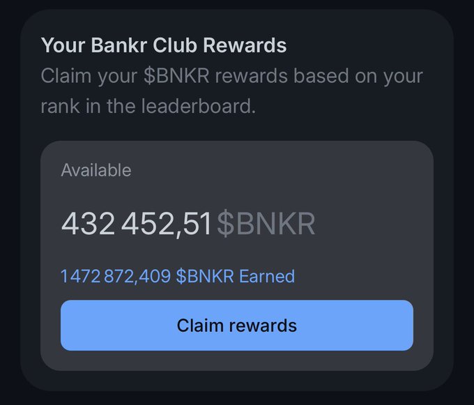 A mobile app screen showing 'Your Bankr Club Rewards' with 432,452.51 $BNKR available to claim out of 1,472,872,409 $BNKR earned, with a 'Claim rewards' button.