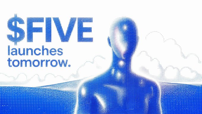 The image features a blue banner with white text that says "S$ five launches tomorrow." The background of the banner shows a picture of a person's face, which appears to be a 3D rendering or a digital illustration. The caption below the image reads "Been watching this one for a long time & today they're finally launching on Base. I'M REALLY excited about it as i think this could become a big cook."