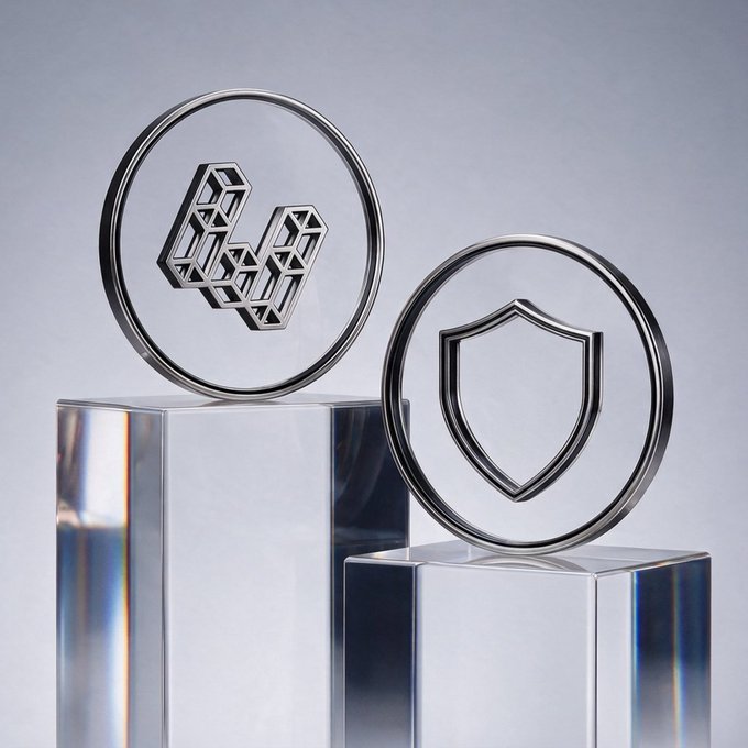 A 3D rendering of two metallic coin icons on pedestals—one displaying a geometric 'W' logo and the other showing a shield symbol.