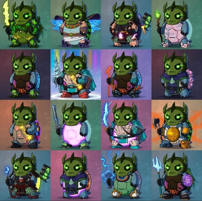 A grid of sixteen cartoon goblin-like characters in various fantasy outfits and armor sets, each wielding different weapons.
