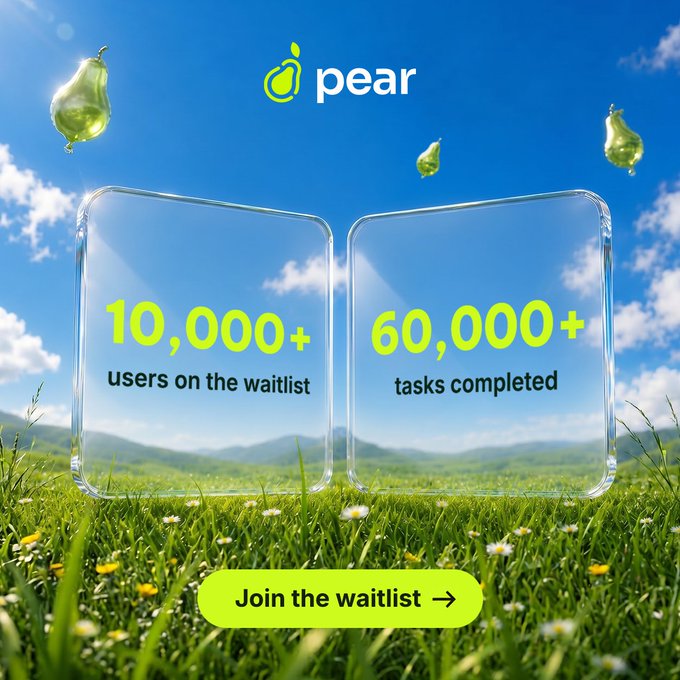 The image features two large glass squares with yellow text that reads "Pear đang kéo cộng đồng khá nhanh 10K+ waitlist, 60K+ task completed". The background of the image is a clear blue sky and green grass.
