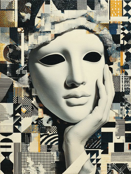 A black and white artistic collage featuring a smooth white mask-like face with closed eyes and a hand resting against it, set against a textured background of geometric patterns and torn paper.