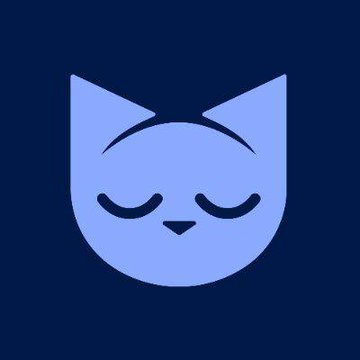 Stylized blue cat face icon with closed eyes on a dark navy background, resembling a cryptocurrency or brand mascot logo.