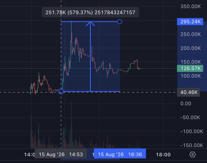 A candlestick chart displays a dramatic +579.37% rally in $BIGLY, surging 251.78K from a base near 40.46K to a peak of 295.24K, illustrating the rapid price spike and subsequent consolidation that occurred as capital rotated into the new coin.