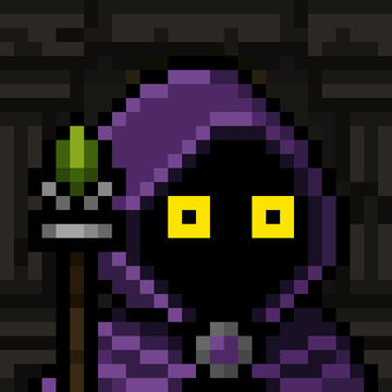 A pixel art depiction of a character in a purple hooded robe with glowing yellow eyes, holding a staff topped with a green gem in a dark setting.