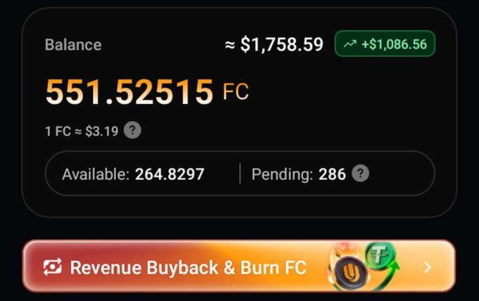 A wallet dashboard displays a balance of 551.52515 FC worth approximately $1,758.59, with a $1,086.56 gain highlighted in green, split between 264.8297 available and 286 pending FC, alongside a "Revenue Buyback & Burn FC" button. The image directly supports the "GM Legends" post by showcasing the user's FC token holdings, converting their 551 FC into the cited $1,758 value.