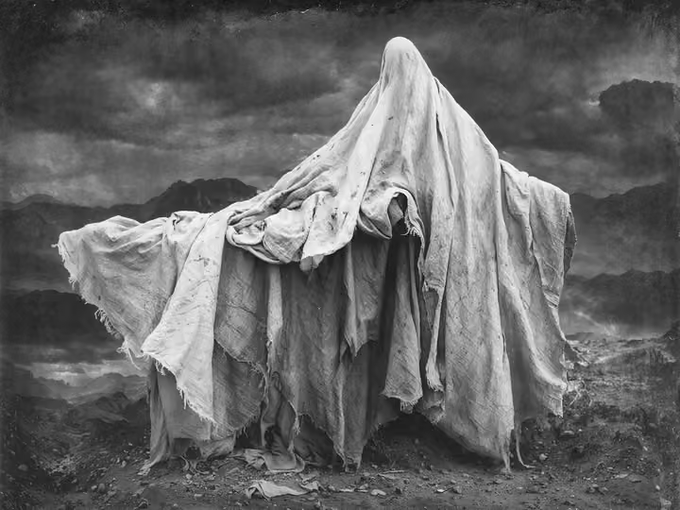 A haunting black-and-white photograph of a ghostly figure draped in tattered white cloth standing in a desolate landscape under a cloudy sky, with a skeletal hand reaching out from the folds.