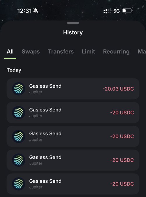 A mobile screenshot of a transaction history page showing five "Gasless Send" transactions via Jupiter, four for -20 USDC and one for -20.03 USDC, which corresponds to the $20 USDC gifts sent to each of the five tagged recipients.