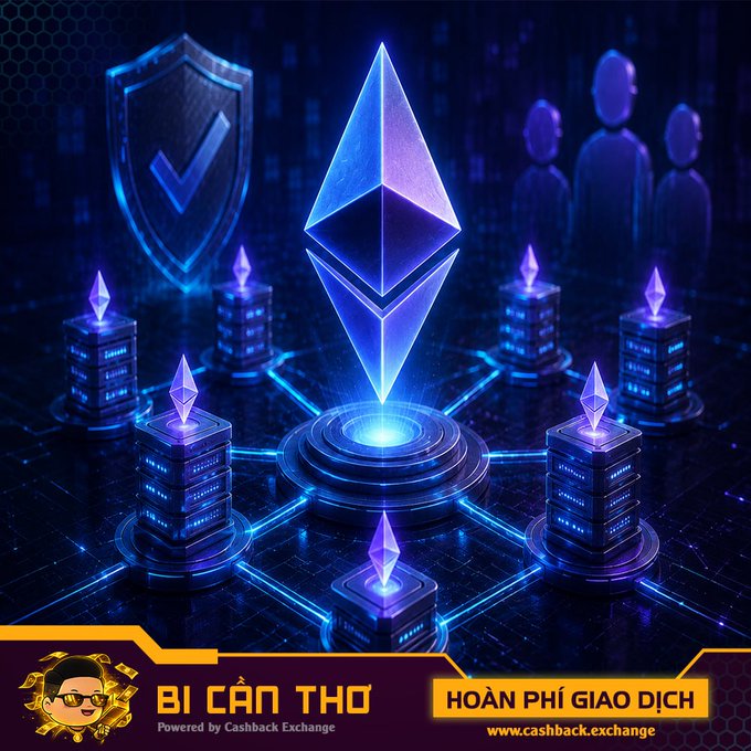 The image features a large blue crystal structure with a green base, surrounded by numerous small cubes of varying sizes. The crystals are connected to each other through a network of lines, creating an intricate pattern that resembles a complex web or a digital circuit board. In front of this unique display, there is text in another language that reads "Bi Can Tho HÀN PHÍ GIAO DICH". This phrase translates to "I am the creator of Ethereum". The image also includes a logo for Cashback Exchange and a website address.