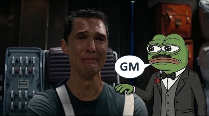 A meme combining a crying man in an industrial setting with the Pepe the Frog character in a tuxedo saying 'GM'.