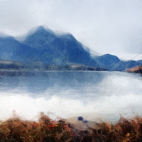 A glitchy, dreamlike photograph of mountains and a lake with distorted, brushstroke-like overlays creating an impressionistic effect.