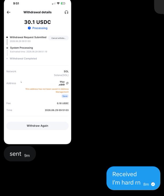 A screenshot of a crypto withdrawal confirmation showing 30.1 USDC processing on the Solana network to a saved address, paired with chat messages celebrating a payday while joking about not donating the funds to Polymarket.