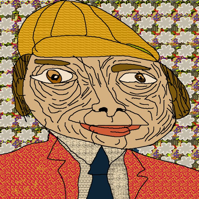 A digital illustration of a cartoonish man wearing a yellow cap, red patterned suit jacket, and dark tie, set against a glitchy floral background.