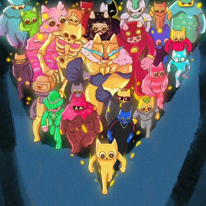 A colorful illustration featuring a group of various cartoon characters, including cats and apes, gathered around a central golden-armored figure.