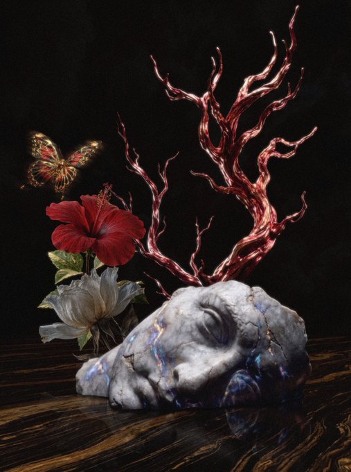 Dark art still life featuring a marble-like face, red coral branches, a red hibiscus flower, and a glowing butterfly on a black background.