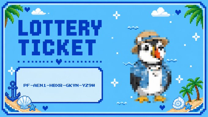 A pixel-art style lottery ticket graphic featuring a penguin character in a beach hat, with the code 'PF-AEN1-HBXR-GKYN-VZ9W' displayed.