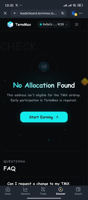 A screenshot of the TermMax platform showing a "No Allocation Found" message, indicating that the connected wallet address isn't eligible for the TMX airdrop and requires early participation in TermMax.