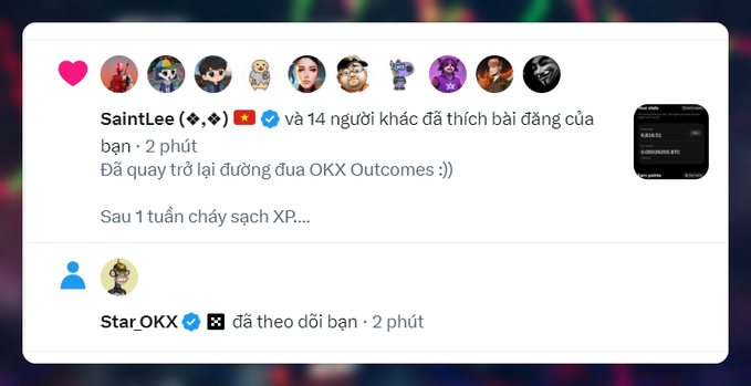 Instagram-style social media screenshot showing a post by SaintLee about returning to the OKX Outcomes race after running out of XP, with Star_OKX now following.