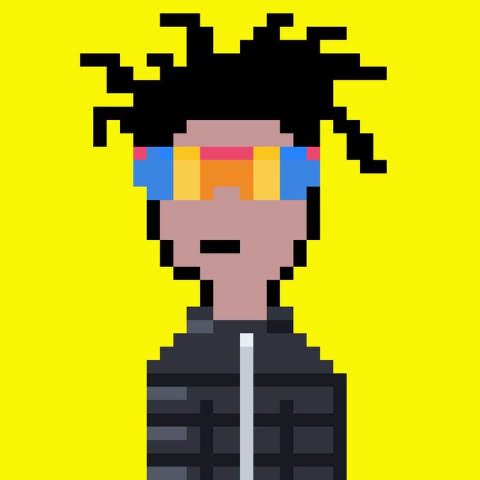 A pixel art portrait of a character with spiky black hair, orange and blue visor, and a black jacket against a yellow background.