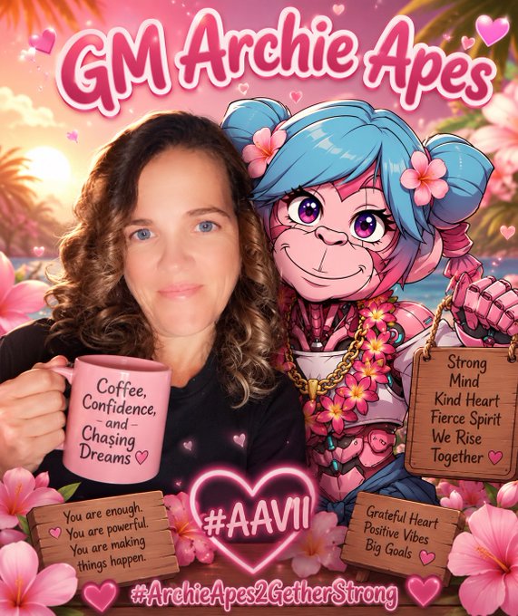 A 'GM Archie Apes' image showing a woman holding a pink mug reading 'Coffee, Confidence, and Chasing Dreams' next to an illustrated pink ape character, with a wooden sign displaying 'Strong Mind, Kind Heart, Fierce Spirit, We Rise Together' and the hashtag #ArchieApes2GetherStrong.