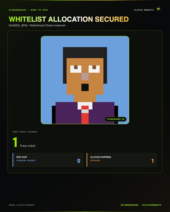 A Clutch Markets NFT confirmation screen showing a pixel-art 'STONK BROKER #5' with 'WHITELIST ALLOCATION SECURED,' 1 free mint secured, and counts of 0 PUP CUP and 1 CLUTCH PUPPIES.
