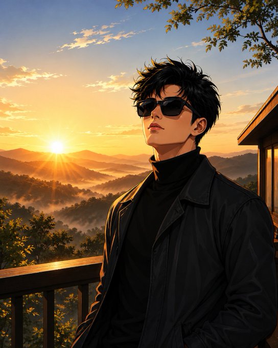 A stylish anime-style figure with tousled dark hair and sunglasses stands on a balcony overlooking a misty mountain landscape bathed in golden sunrise light. The serene, warm tones of the morning sky perfectly echo the peaceful and uplifting sentiment of the "gm CT" greeting.